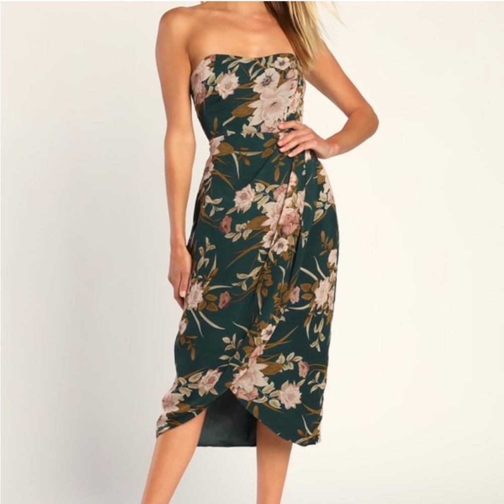 LULUS Hunter green Floral Strapless Midi Dress NWT